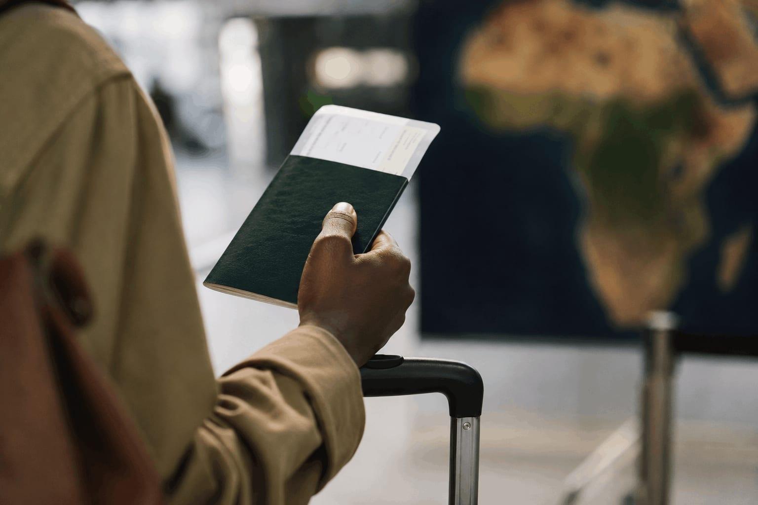 Black African traveller holding a passport and boarding pass beside a suitcase in an airport, with a blurred map of Africa in the background.