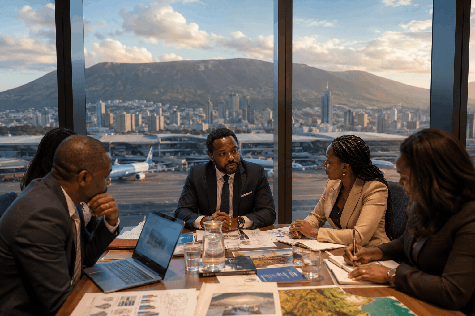 A photorealistic image of African tourism leaders and business executives gathered around a conference table during a high-level strategy meeting. Maps, travel brochures, reports, and laptops are spread across the table as they discuss tourism development, investment, and partnerships. Large floor-to-ceiling windows overlook a modern city skyline, an international airport, and distant mountains, symbolizing connectivity, infrastructure, and economic growth. The scene conveys the policy and decision-making behind how African destinations are built, promoted, and positioned for global tourism, with no text visible in the image.