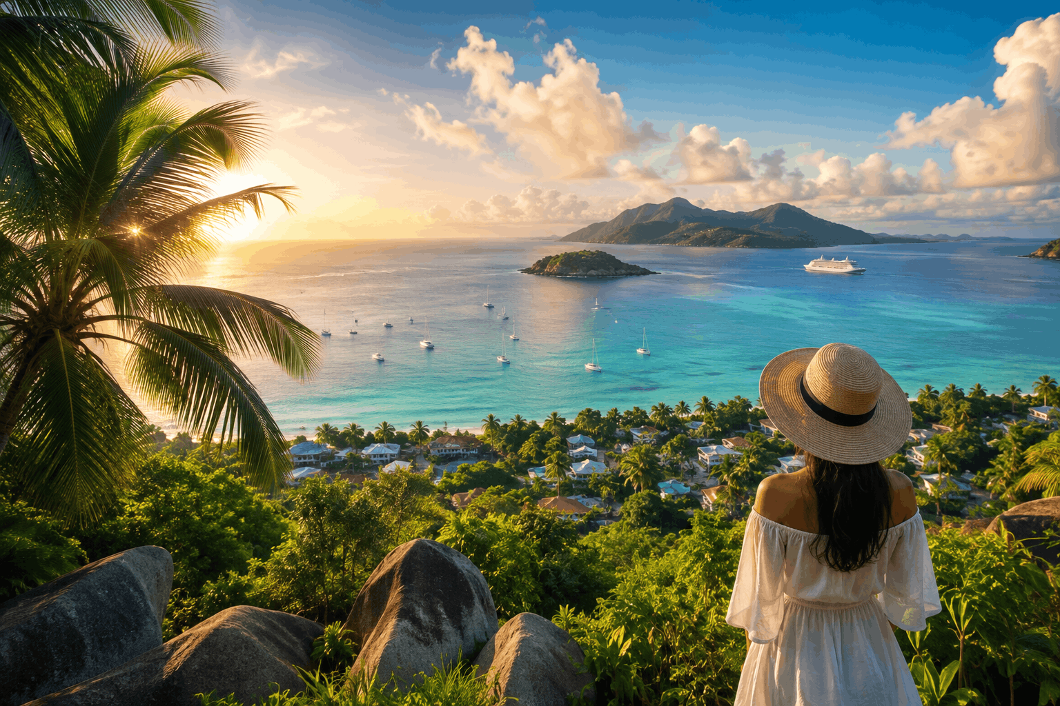 Seychelles tropical coastline with turquoise waters, lush islands, sailboats and a cruise ship viewed from a scenic hillside.
