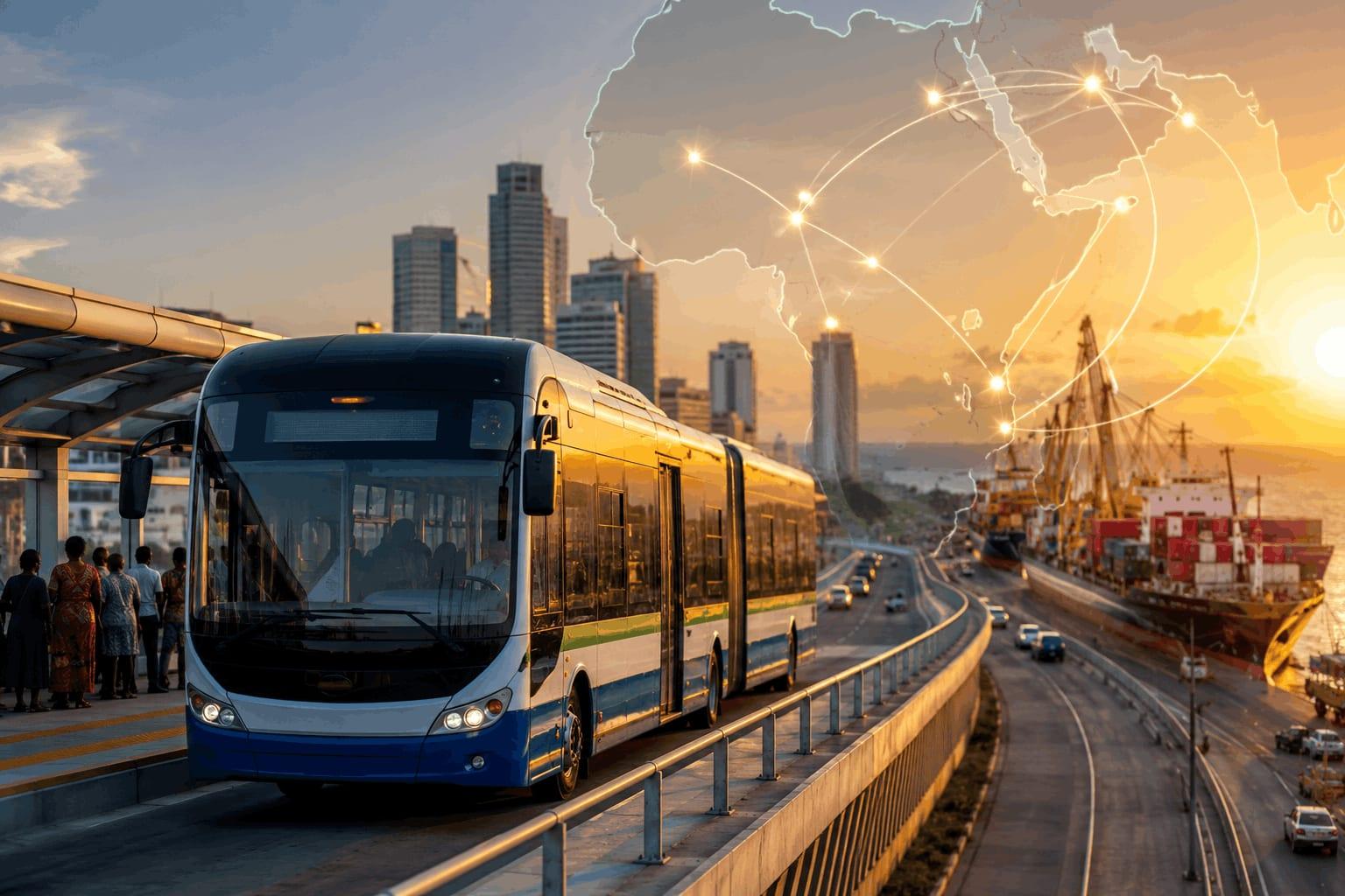 Modern BRT bus in Dar es Salaam at sunset, with city skyline, port and shipping containers, and a subtle Africa connectivity graphic in the background.