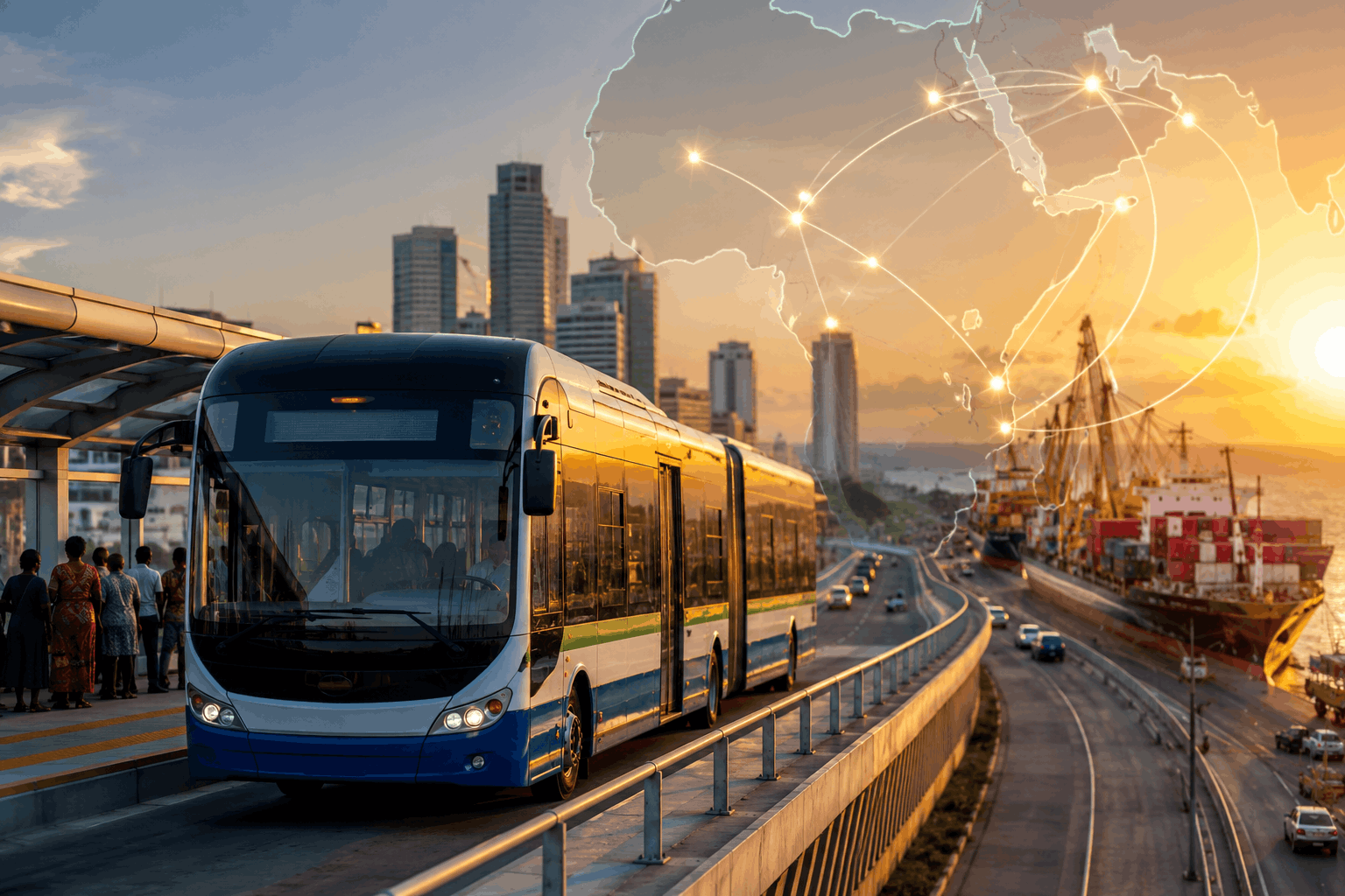 Modern BRT bus in Dar es Salaam at sunset, with city skyline, port and shipping containers, and a subtle Africa connectivity graphic in the background.
