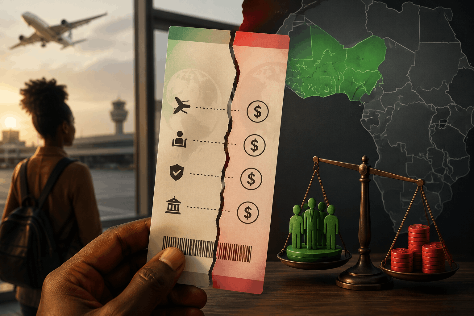Conceptual image of an African traveler holding a split boarding pass against a West Africa map, with an airplane, airport and scales showing the rising cost of air travel.