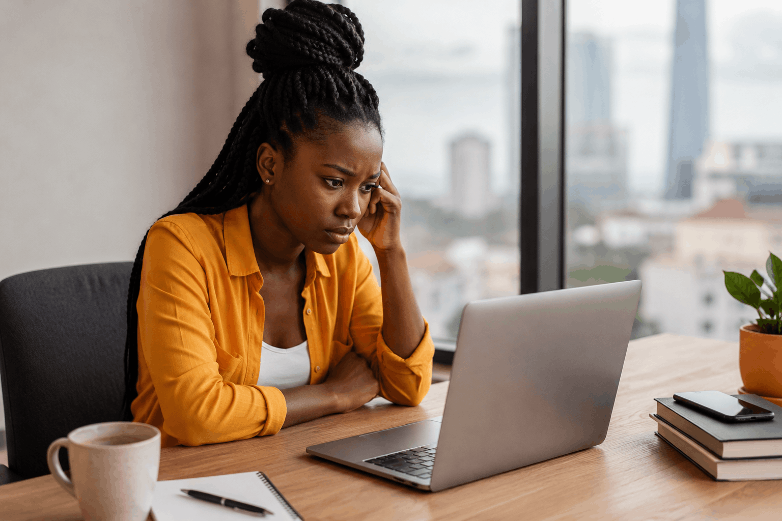 A Black woman sits at a desk looking thoughtfully at a laptop, with a notebook, coffee mug, books, and a small plant nearby. A blurred cityscape is visible through the window behind her.