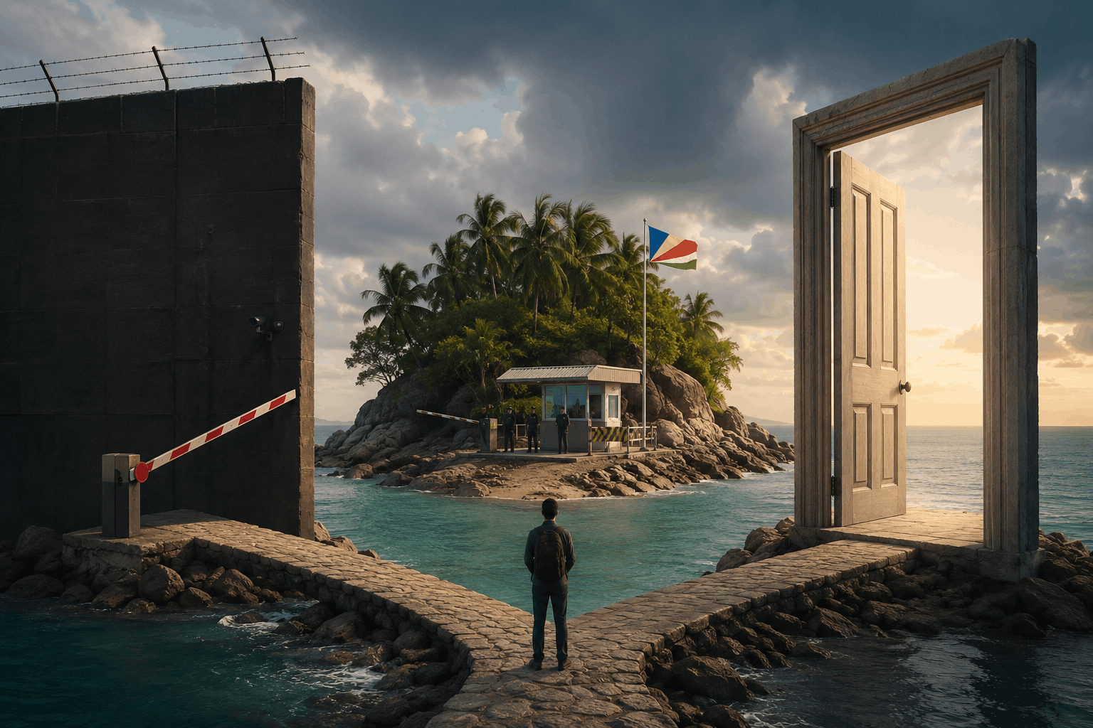 A traveler stands at a crossroads over the ocean, facing a tropical Seychelles island with a border checkpoint, contrasting a closed barrier on one side with an open doorway toward the sea on the other, symbolizing conflicting measures of visa openness and freedom of movement.