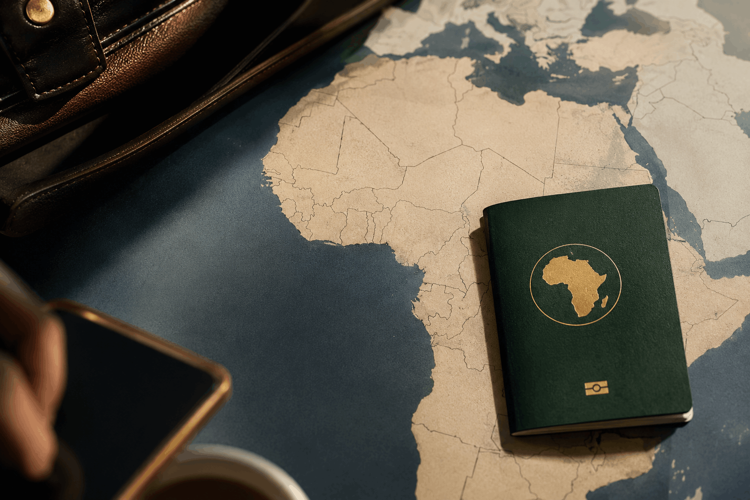 A dark green passport rests on a map of Africa beside a leather travel bag and smartphone, symbolizing the complexity of moving across African borders.