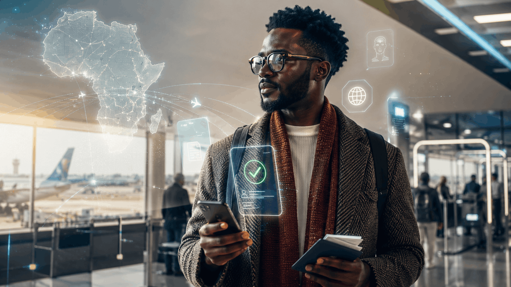 African traveller at a modern airport holding a passport and smartphone, surrounded by subtle digital travel-authorisation graphics, flight routes and a glowing map of Africa, representing the continent’s changing electronic border requirements and ETA systems.