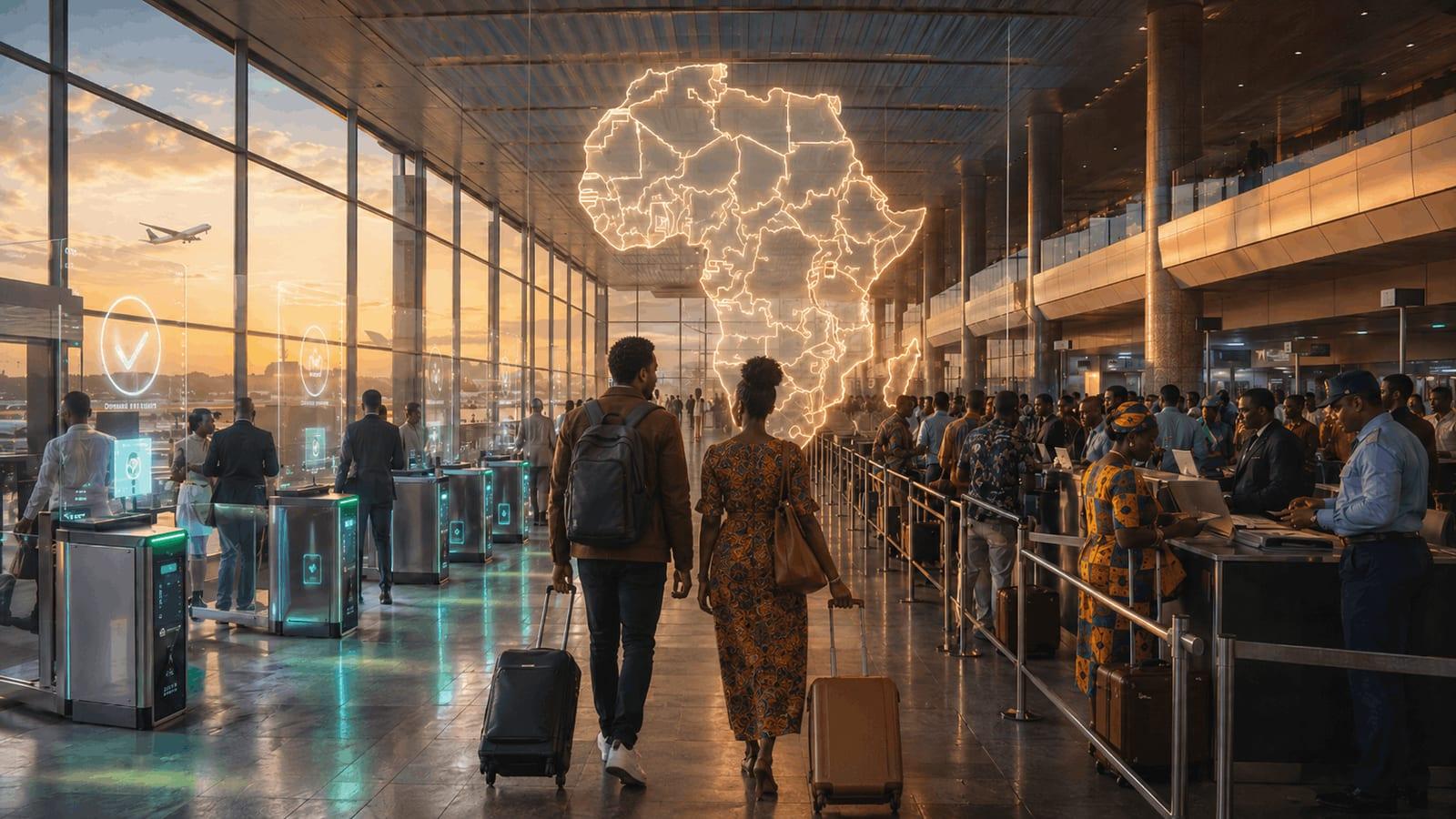 A man and woman walk through a modern African airport with luggage, framed by a glowing map of Africa, digital e-gates and crowded border-control queues, reflecting the contrast between easier travel and fragmented border systems across the continent.