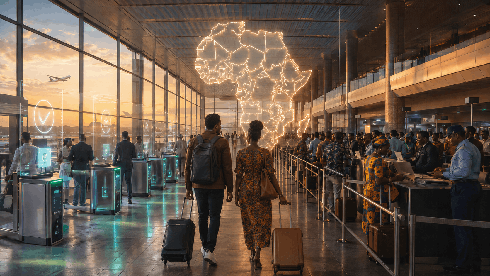 A man and woman walk through a modern African airport with luggage, framed by a glowing map of Africa, digital e-gates and crowded border-control queues, reflecting the contrast between easier travel and fragmented border systems across the continent.