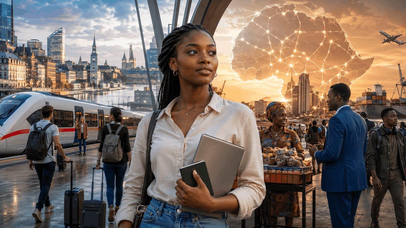 A young African woman holding a passport and laptop stands between scenes of European rail travel and African trade, with travellers, entrepreneurs, shipping activity and a glowing network map of Africa representing cross-border mobility, commerce and regional integration.