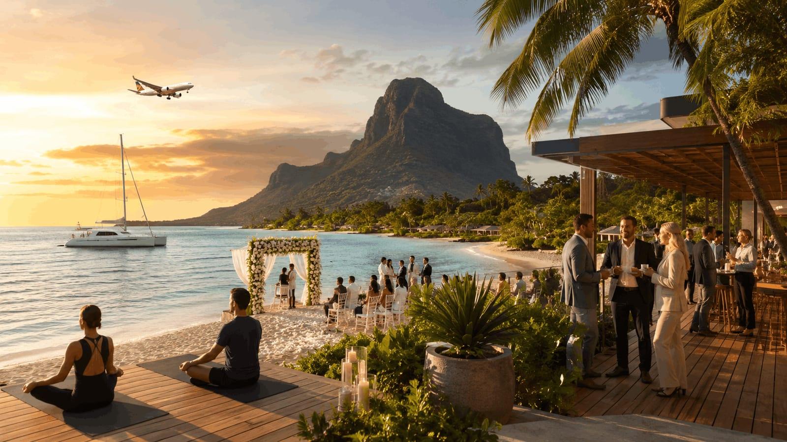 Photorealistic golden-hour view of Mauritius featuring a tropical beach, dramatic mountain backdrop, catamaran, arriving aircraft, beachfront wedding, wellness session and business travellers, reflecting the island’s push beyond traditional beach tourism.
