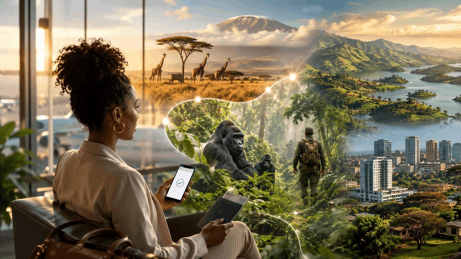 Black woman traveler holding a passport and phone as a glowing route connects Kenyan safari plains, Ugandan gorilla rainforest, and Rwanda’s green hills and cityscape, representing one journey across East Africa.