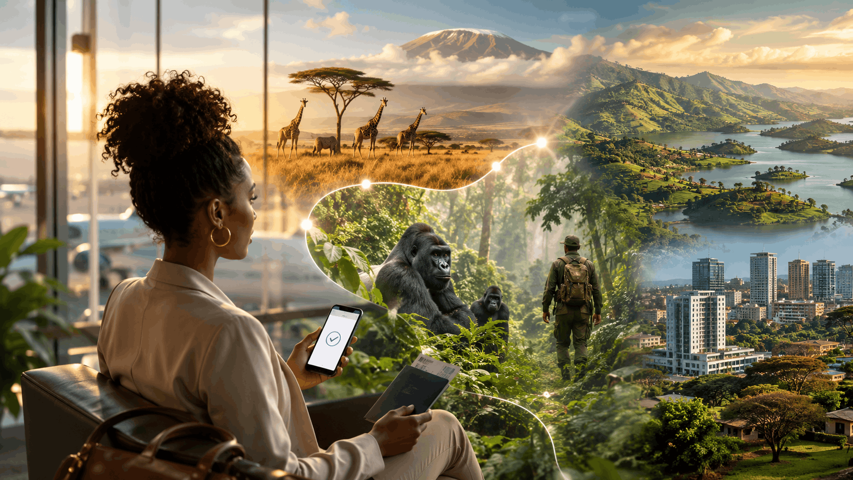 Black woman traveler holding a passport and phone as a glowing route connects Kenyan safari plains, Ugandan gorilla rainforest, and Rwanda’s green hills and cityscape, representing one journey across East Africa.