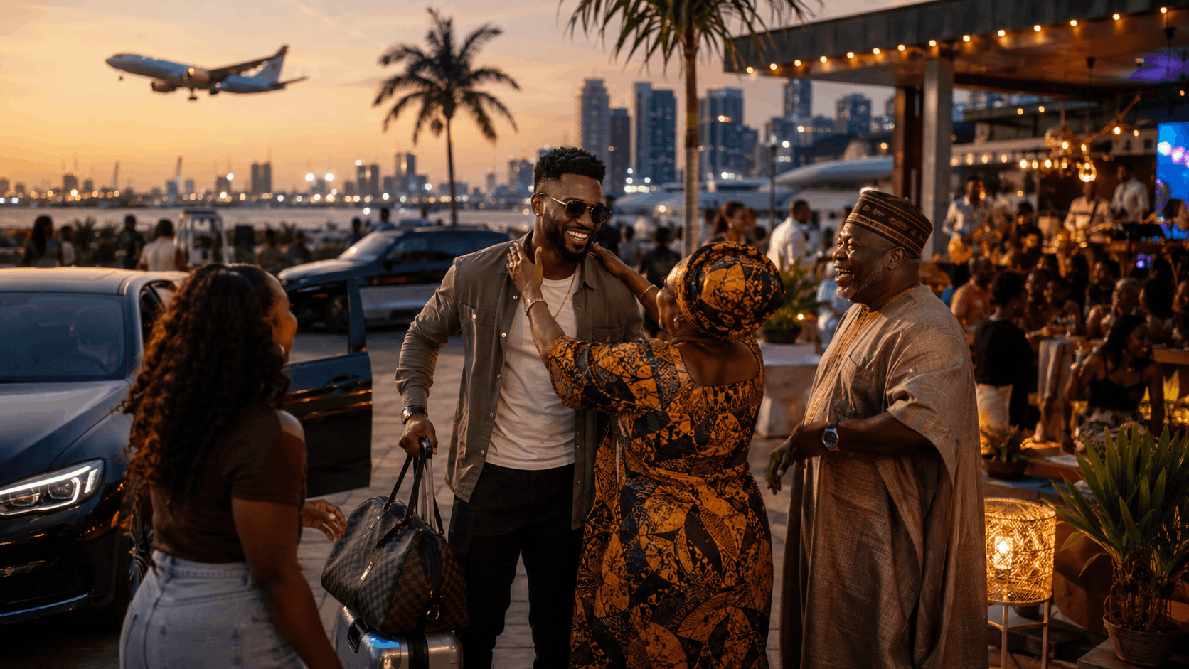 A returning African diaspora traveler is warmly welcomed by family at sunset, with luggage, an arriving plane, palm trees, a city skyline, and lively December nightlife capturing the homecoming energy of West Africa’s festive tourism season.