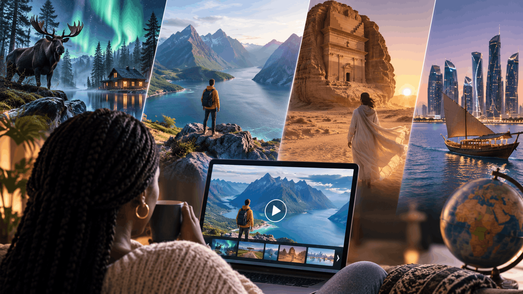 Black woman watches immersive travel stories on a laptop as scenes of a Nordic forest, mountain landscape, Saudi desert landmark and Qatar skyline unfold around her, showing how destination storytelling can turn travel inspiration into real trip planning.