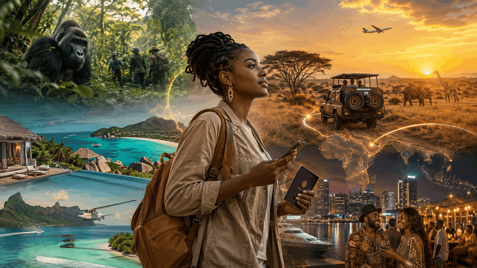 African woman traveller holding a passport and phone stands at the centre of a collage of gorilla trekking, safari, tropical islands, flights and vibrant city nightlife, representing the different forces shaping Africa’s growing tourism economy.