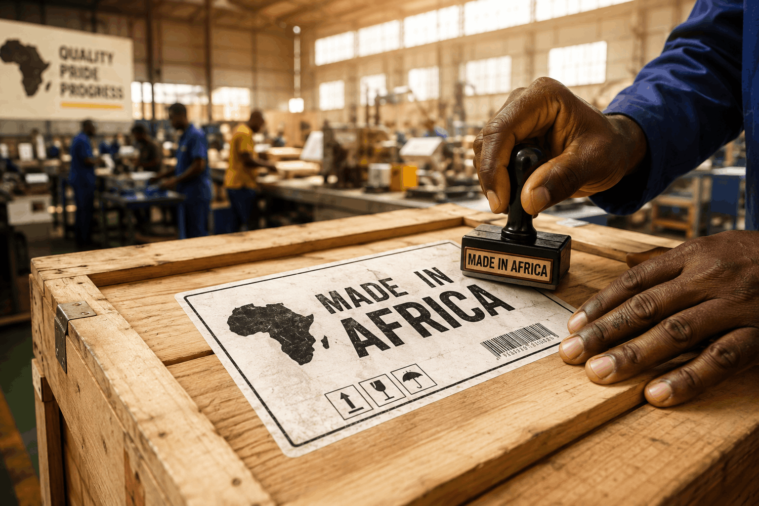 A shipping label reading "Made in Africa" being stamped onto a wooden crate in a bright manufacturing workshop, symbolising the trust and quality reputation African-made goods still need to build across the continent.