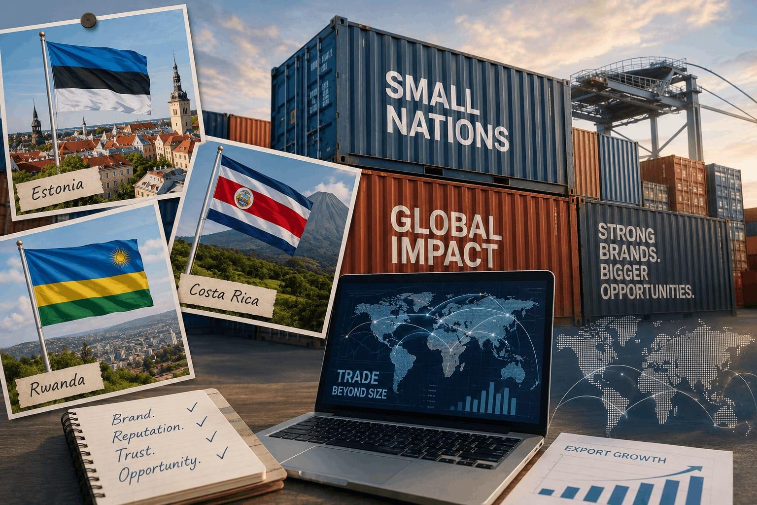 A collage of small national flags, including Estonia, Costa Rica and Rwanda, overlaid on shipping containers and a laptop, symbolising how small economies use national branding to punch above their weight in trade.