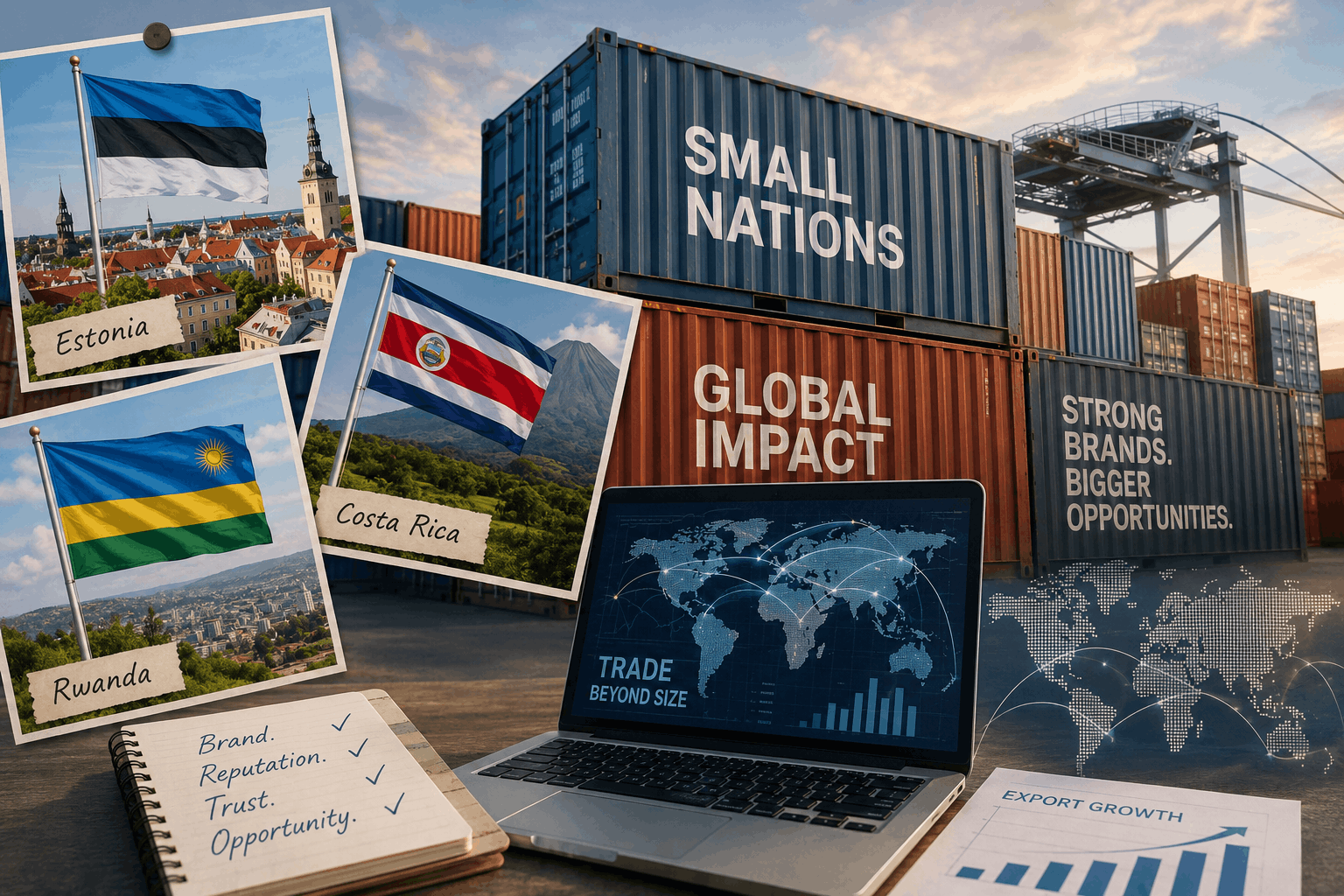 A collage of small national flags, including Estonia, Costa Rica and Rwanda, overlaid on shipping containers and a laptop, symbolising how small economies use national branding to punch above their weight in trade.