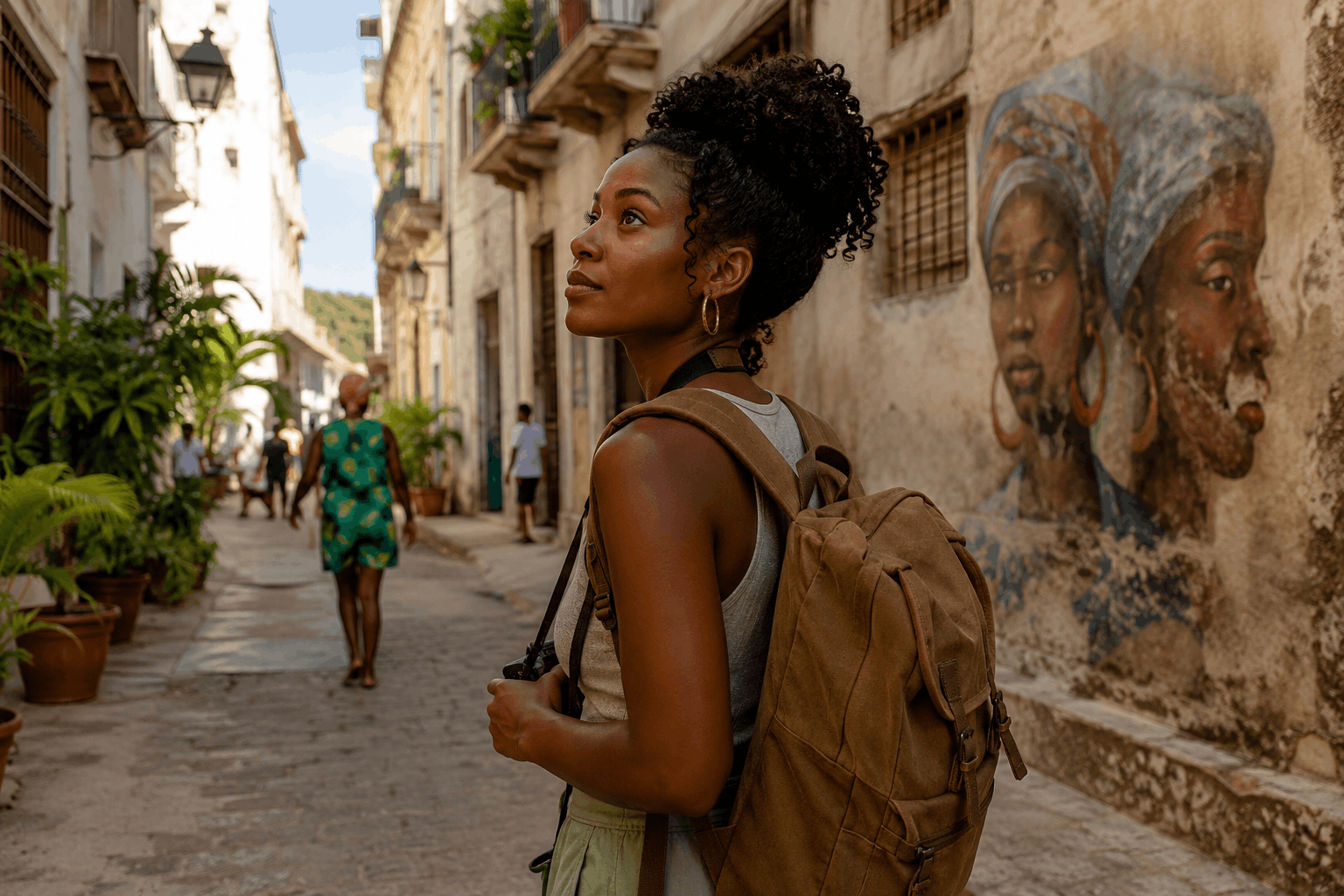 A Black woman traveler with a backpack explores a historic neighborhood, pausing beside local street art as residents move through the surrounding streets