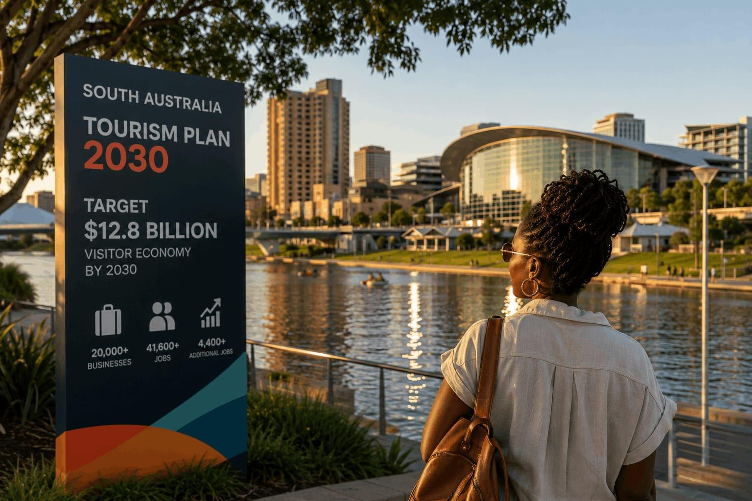 A Black woman looks across Adelaide’s waterfront beside a South Australia Tourism Plan 2030 sign highlighting the state’s $12.8 billion visitor economy target.