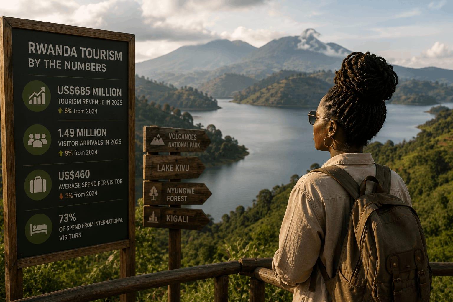 A Black woman traveler overlooks Rwanda’s green hills and lakes beside a tourism statistics board showing 2025 revenue and visitor growth.