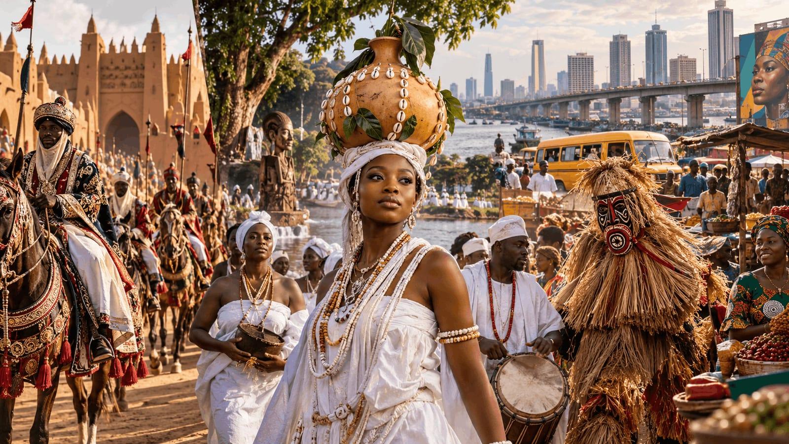 A vibrant Nigerian cultural scene blending an Osun-Osogbo procession, Kano Durbar horsemen, an Igbo masquerade, drummers, market life, and the modern Lagos skyline, representing Nigeria’s diverse ethnic groups, traditions, and contemporary culture.