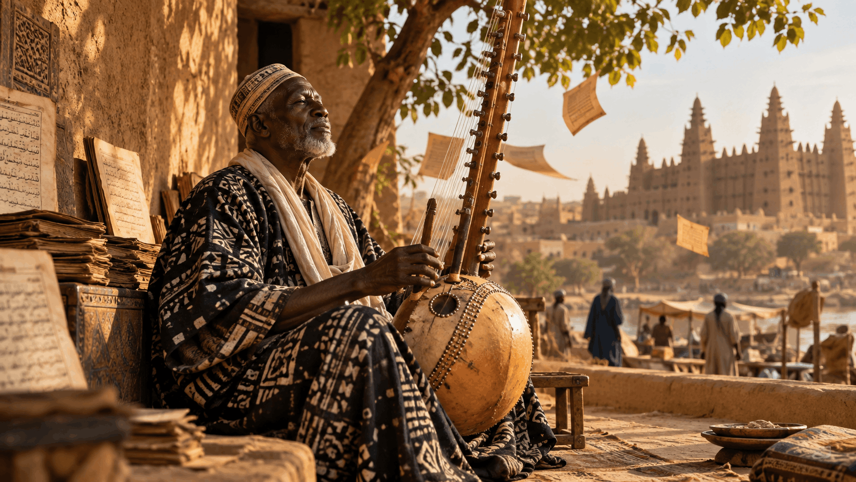An elderly Malian jeli plays a traditional kora beside historic manuscripts, with sunlit Sahelian architecture in the background, symbolising Mali’s oral traditions, music, history, and preservation of cultural memory.