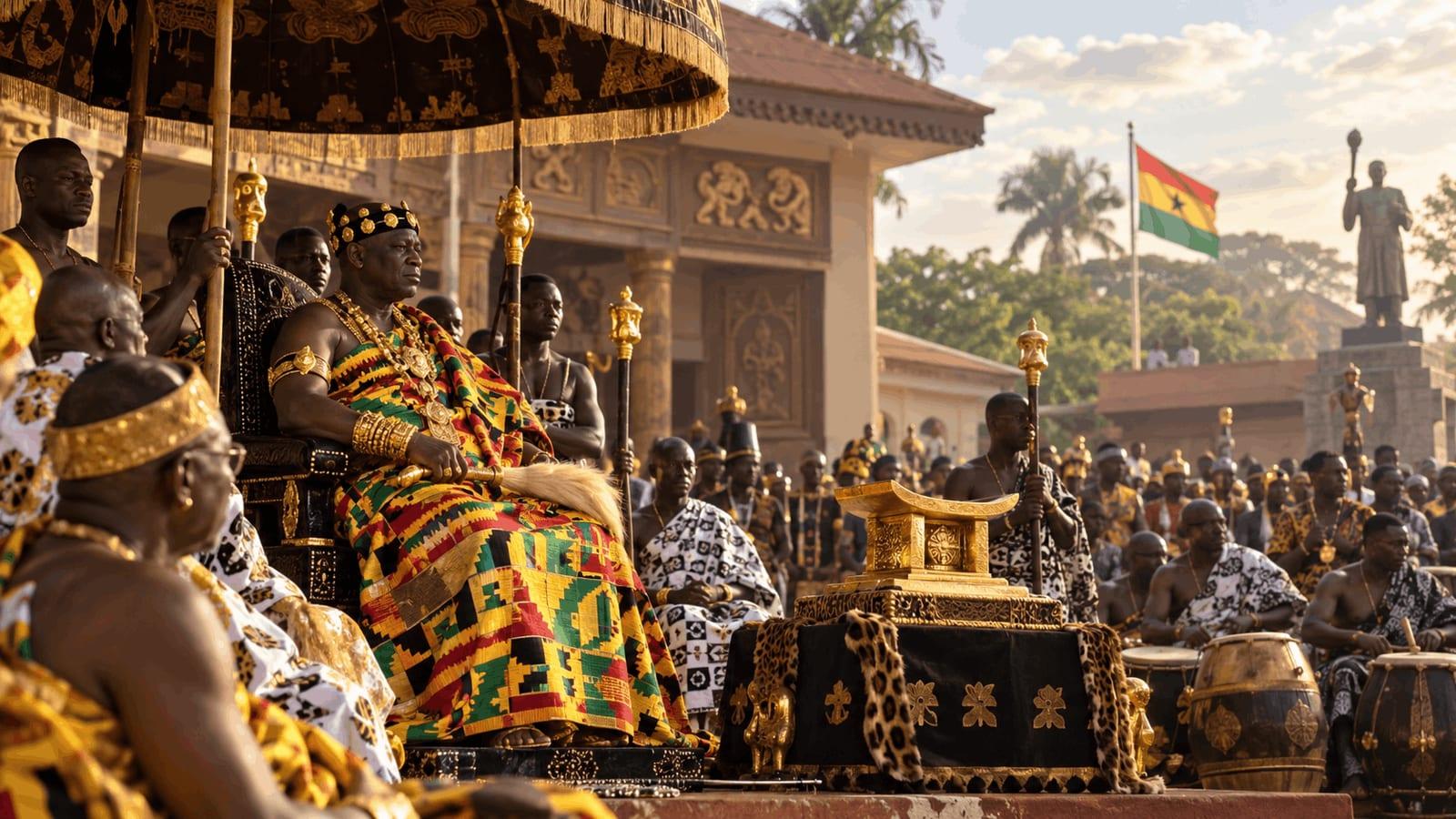 The Asantehene sits beneath a ceremonial umbrella in Kumasi, surrounded by chiefs, drummers, kente cloth, gold regalia, and the Golden Stool during an Akwasidae-style royal gathering in Ghana.
