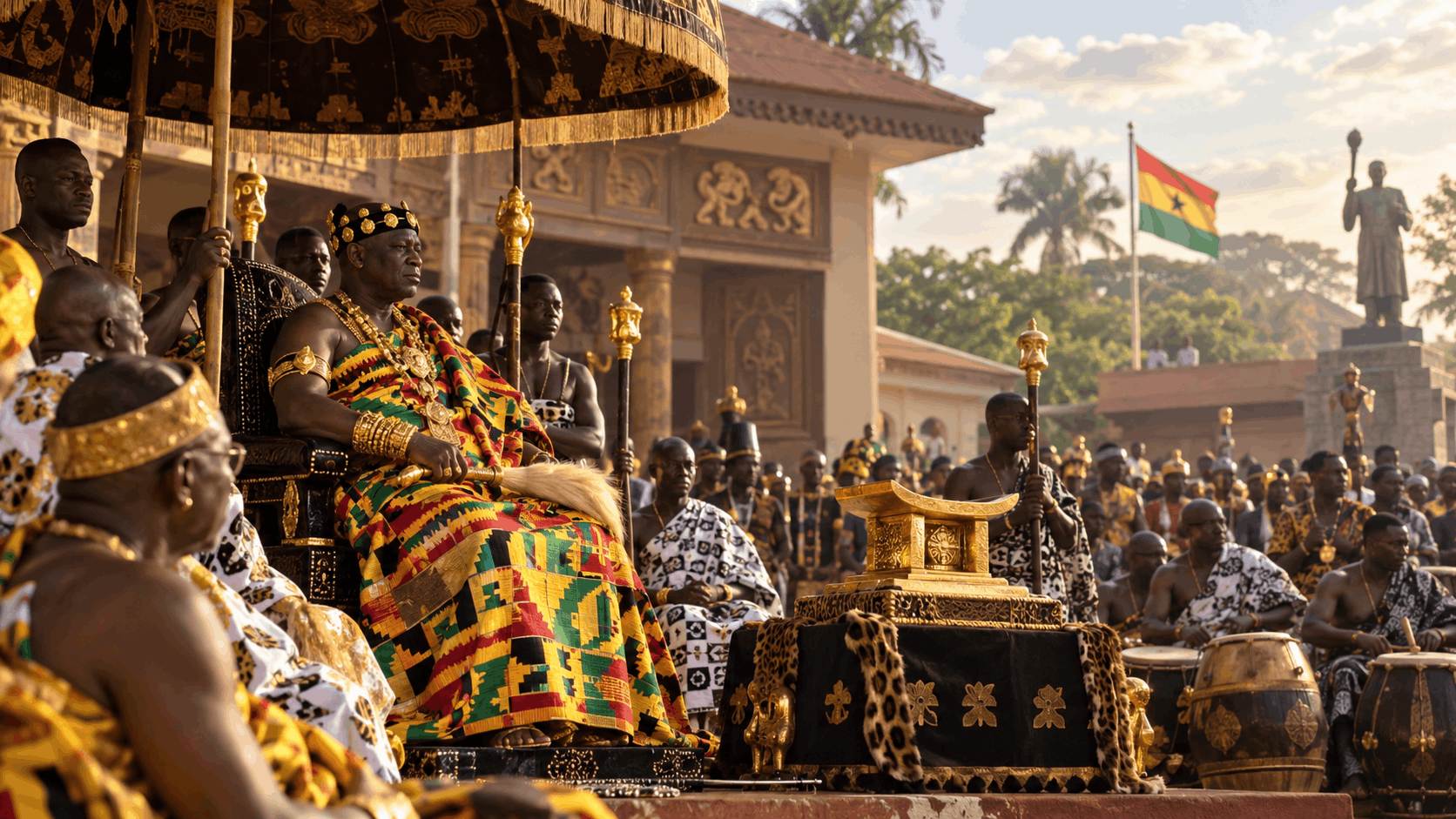 The Asantehene sits beneath a ceremonial umbrella in Kumasi, surrounded by chiefs, drummers, kente cloth, gold regalia, and the Golden Stool during an Akwasidae-style royal gathering in Ghana.