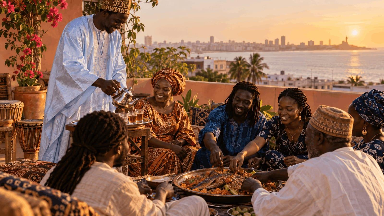 A Senegalese family and friends share a communal meal as a host pours attaya tea on a rooftop in Dakar at sunset, capturing the spirit of teranga through food, hospitality, and togetherness