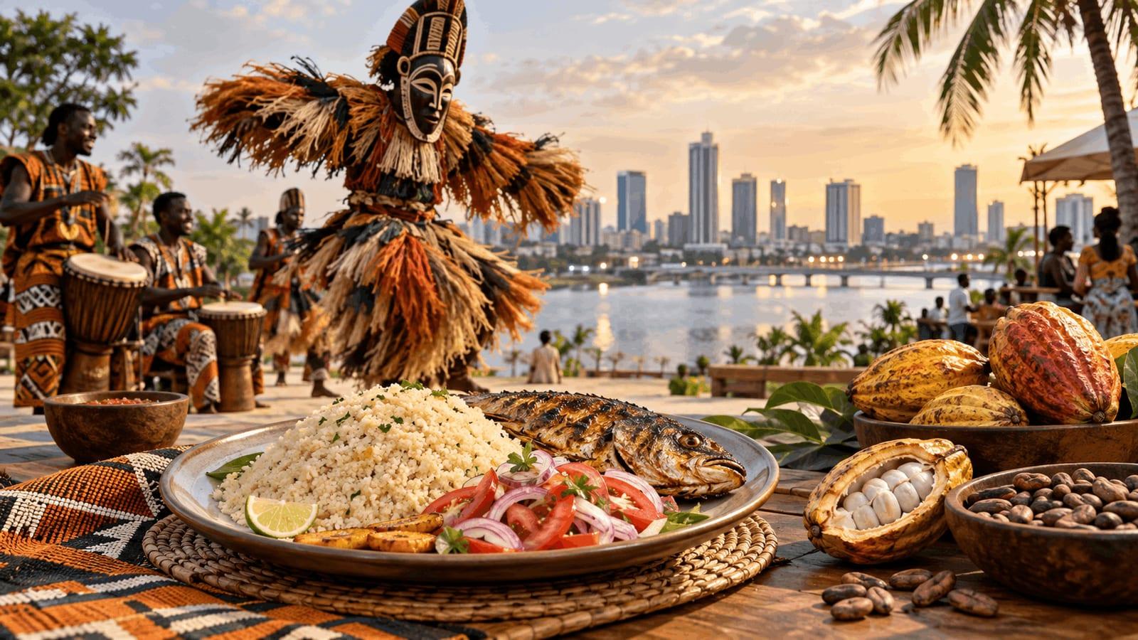 Attiéké with grilled fish, cocoa pods and beans in the foreground, with Ivorian drummers, a masked dancer and the Abidjan skyline beside the lagoon at sunset.