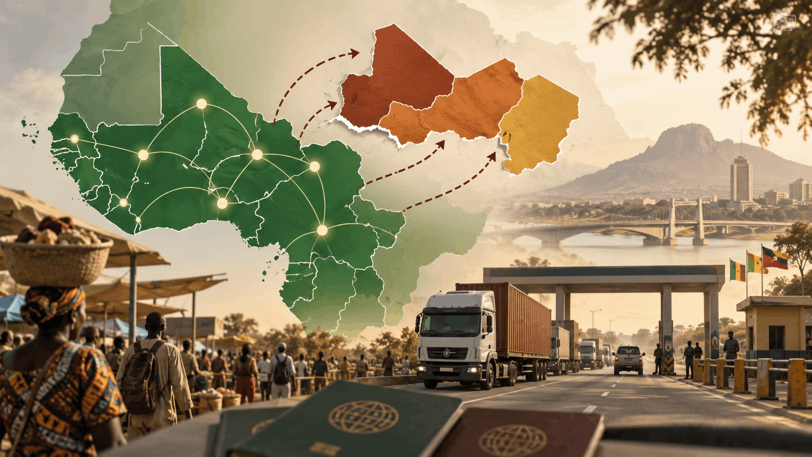 Map of West Africa showing Mali, Burkina Faso, and Niger separating from the ECOWAS region, with trade routes, border transport, travellers, and passports representing the impact on movement and regional trade.