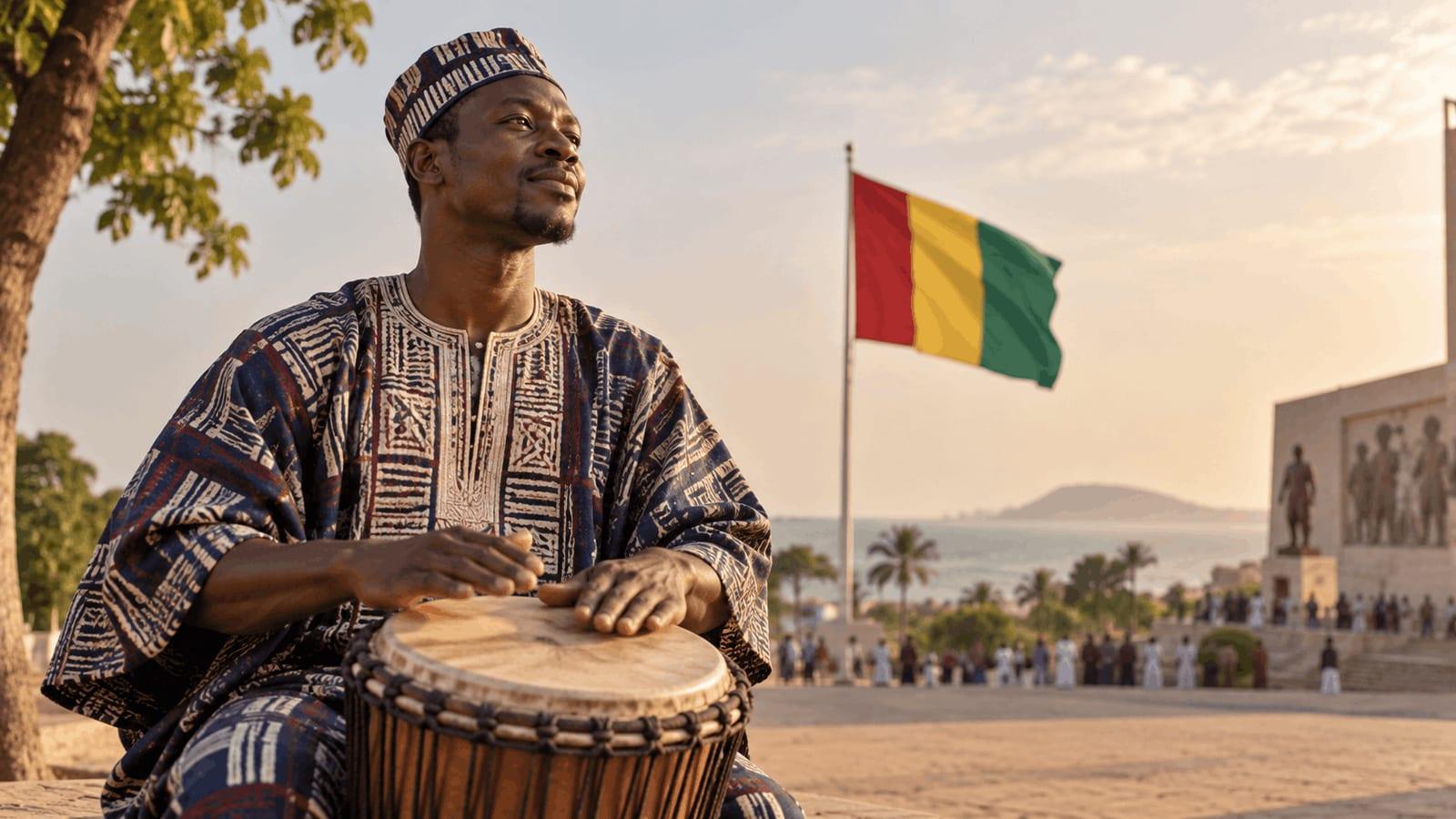 A Guinean musician playing a djembe in traditional clothing, with Guinea’s red, yellow and green flag flying behind him in a warm, sunlit public square, symbolising the country’s cultural heritage and its historic 1958 decision to choose immediate independence from France.