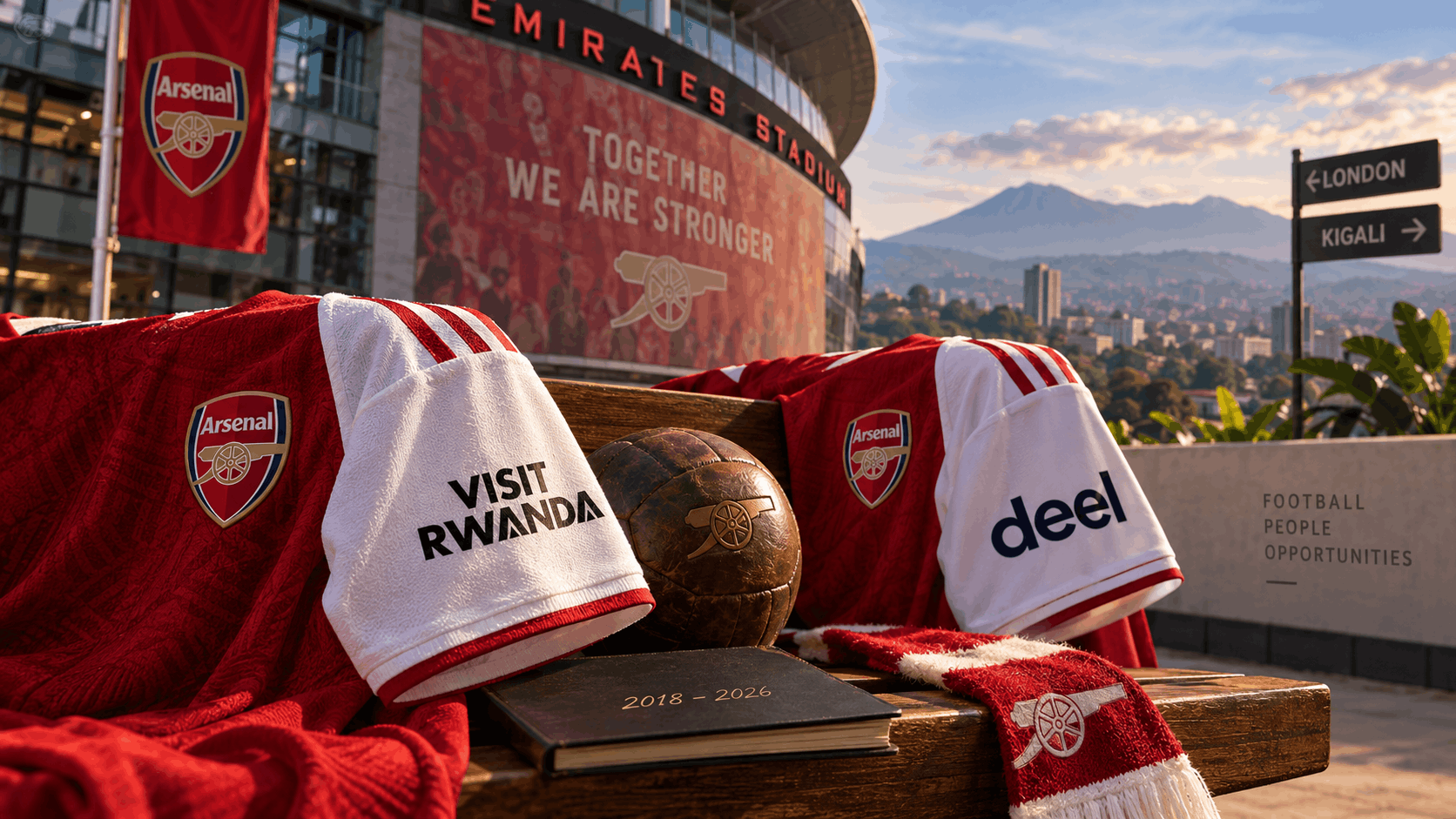 Arsenal shirt sleeves reading Visit Rwanda and Deel displayed side by side outside Emirates Stadium, with a signpost pointing to London and Kigali and a book marked 2018 to 2026