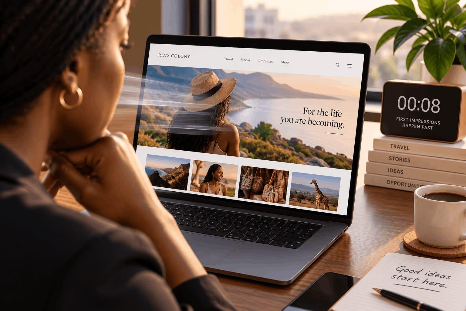 Woman viewing a website on a laptop beside a digital eight-second timer, illustrating how quickly visitors form first impressions of a webpage.