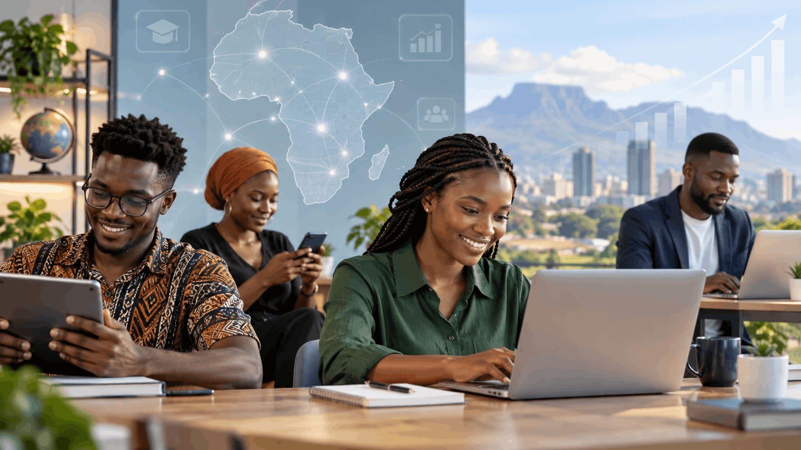Young African professionals using laptops, tablets and smartphones for online learning, with a digital map of Africa and growth graphics in the background.