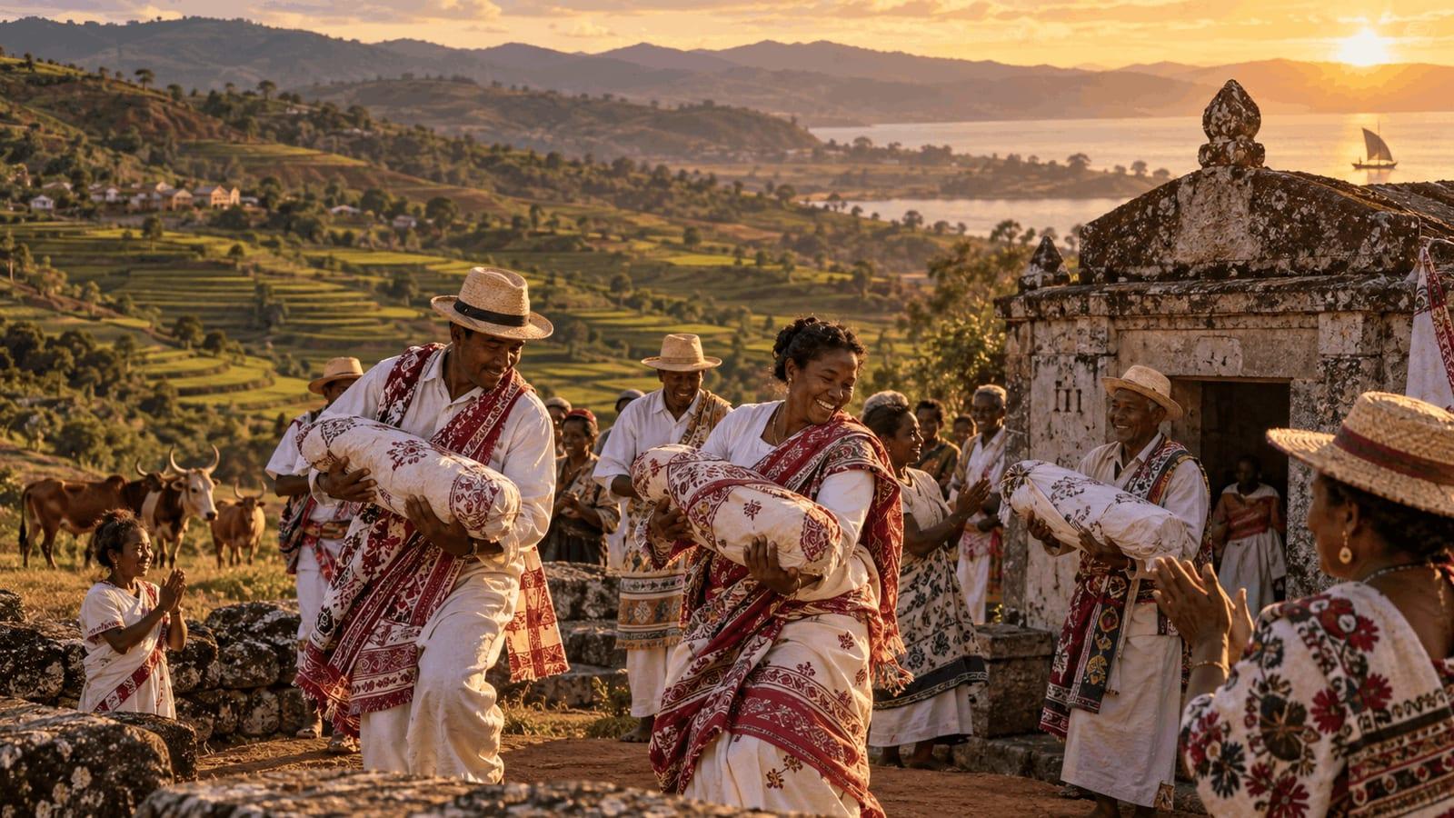 Malagasy families in traditional clothing carrying wrapped ancestral remains during a famadihana ceremony in Madagascar’s highlands, with terraced fields and mountains in the background.
