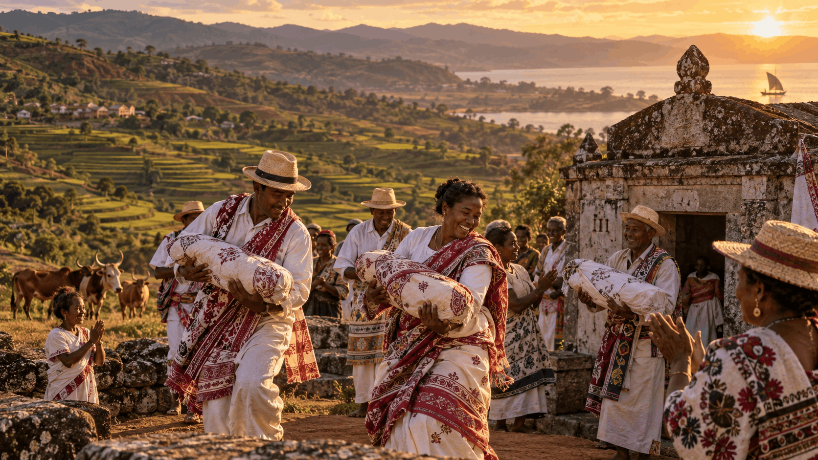 Malagasy families in traditional clothing carrying wrapped ancestral remains during a famadihana ceremony in Madagascar’s highlands, with terraced fields and mountains in the background.