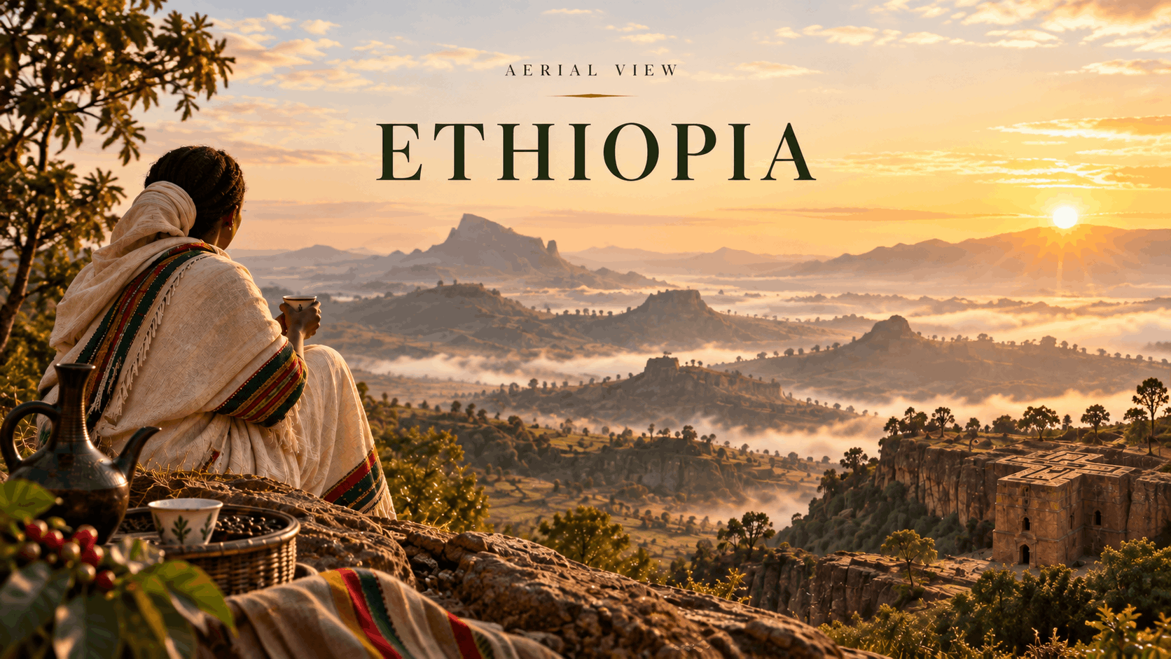 A woman in traditional Ethiopian dress drinks coffee at sunrise overlooking misty highlands and an ancient stone church, with the Aerial View "Ethiopia" title overlaid.