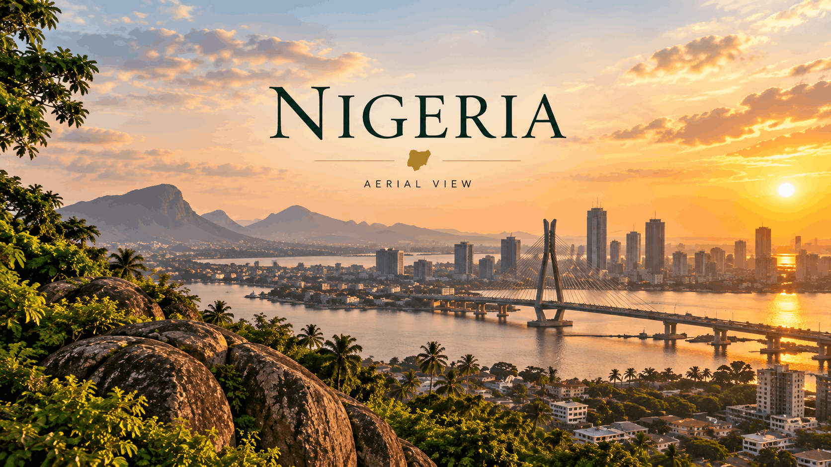 Nigeria travel guide featured image showing a golden-hour cityscape with a lagoon, bridge, rocky greenery and the title “Nigeria.”