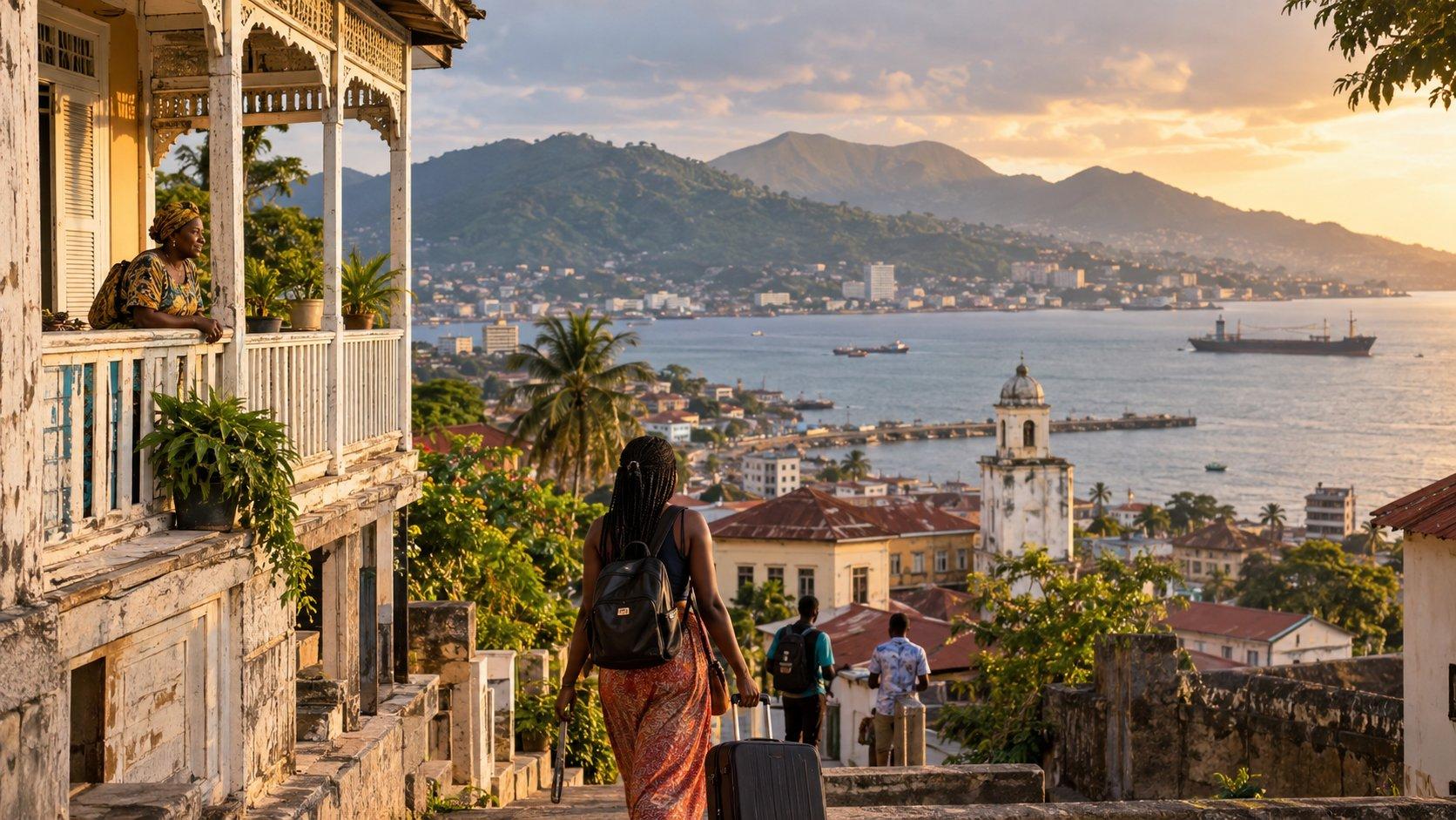A young Black woman with a suitcase walks through historic Freetown toward the coast at sunset, passing a traditional Krio wooden house as the city, harbour and green hills stretch out in the distance.
