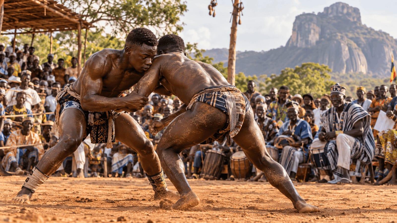 Two young Kabye men wrestling during an Evala ceremony in northern Togo, surrounded by spectators and drummers with the rocky Kara landscape in the background.