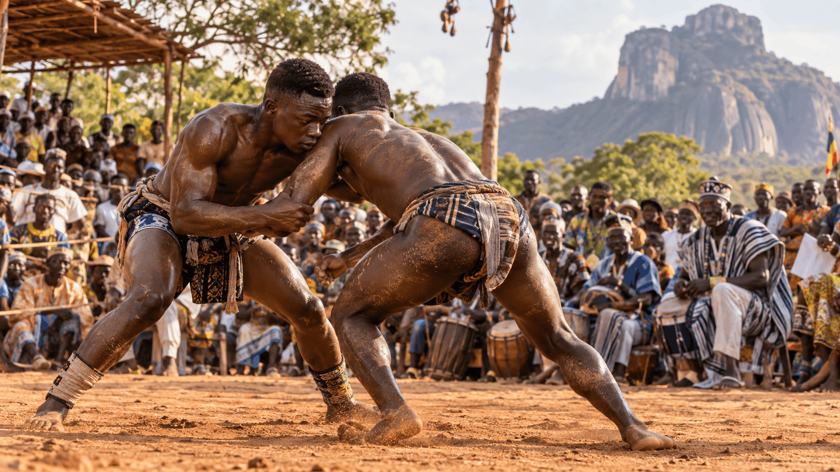 Two young Kabye men wrestling during an Evala ceremony in northern Togo, surrounded by spectators and drummers with the rocky Kara landscape in the background.