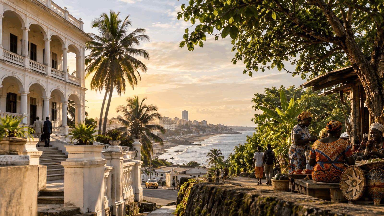 A golden-hour view of Liberia showing historic Americo-Liberian-style architecture, palm trees, the coast, and Liberian women gathered beside woven crafts and market goods.
