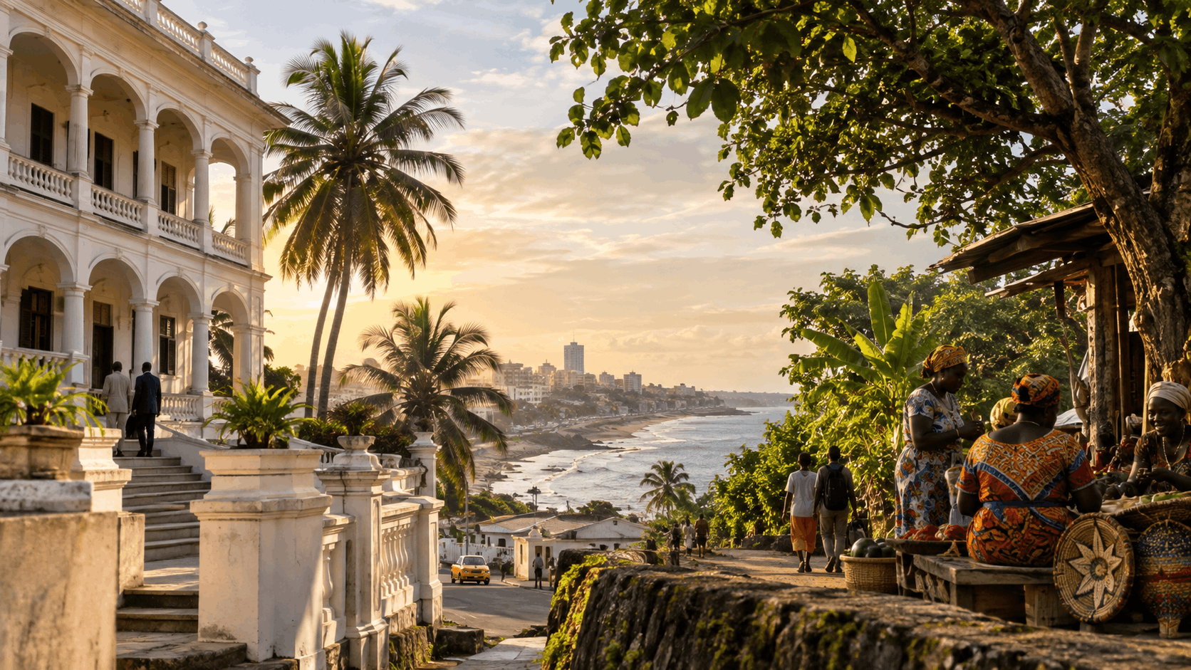 A golden-hour view of Liberia showing historic Americo-Liberian-style architecture, palm trees, the coast, and Liberian women gathered beside woven crafts and market goods.
