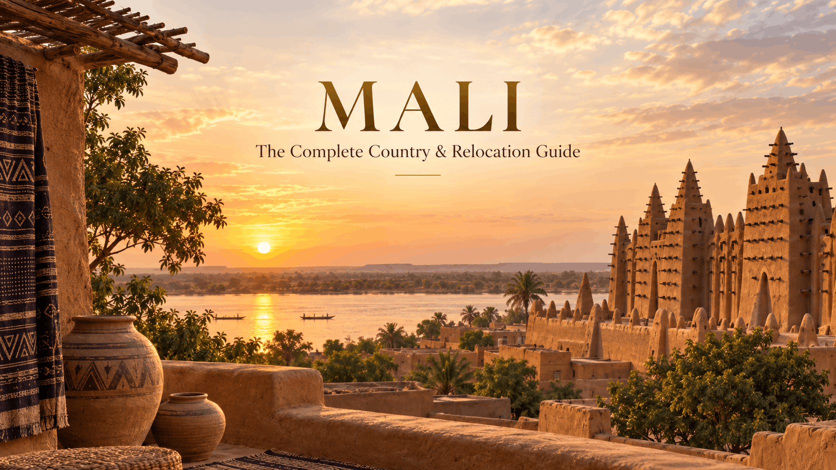 Sunset over the mud-brick towers of the Great Mosque of Djenné and the Niger River in Mali, with the "Mali: The Complete Country & Relocation Guide" title overlaid.