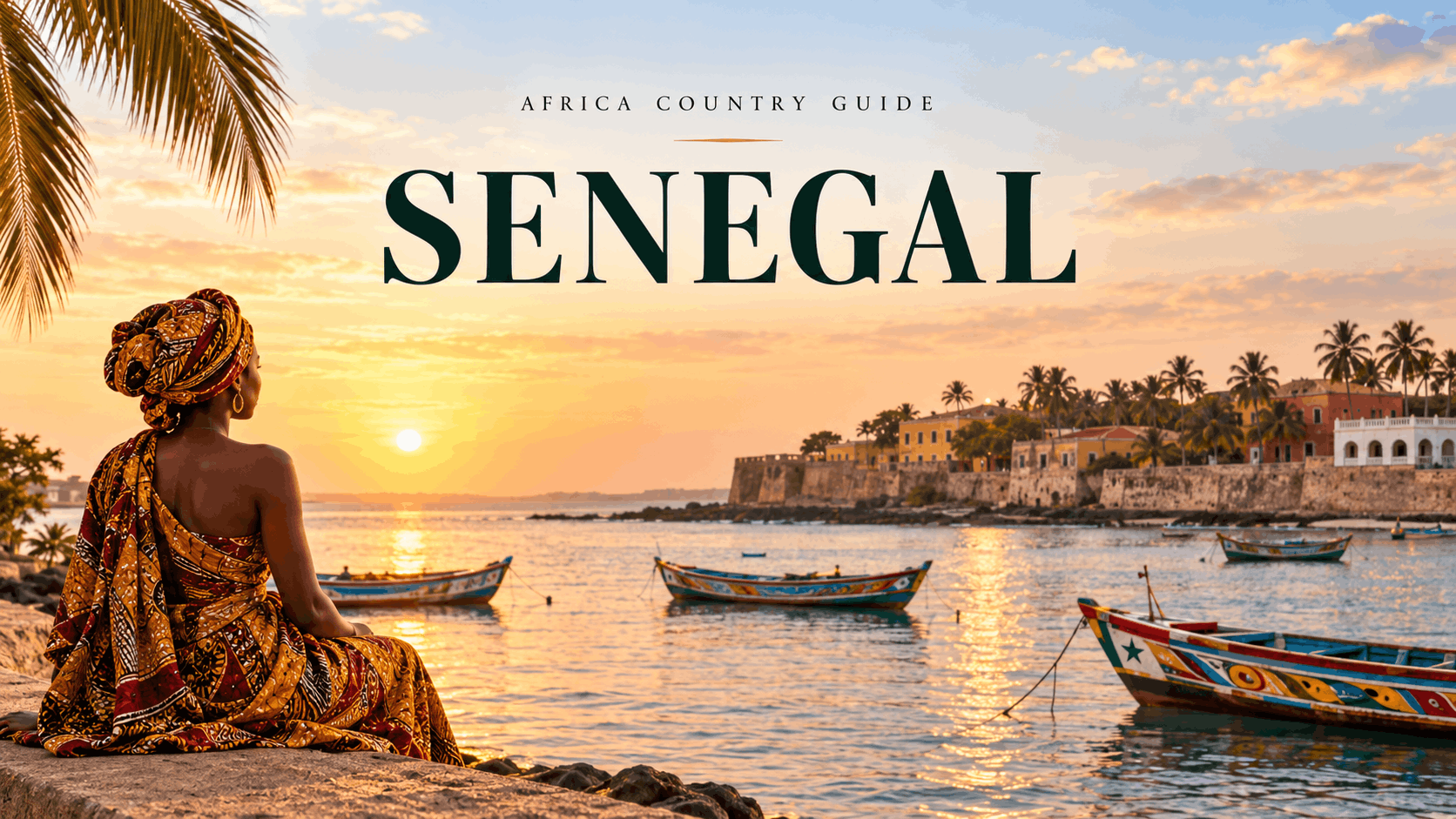 Senegal travel guide featured image showing a woman in traditional clothing by the coast at sunset, with colourful fishing boats, palm trees and Senegalese waterfront buildings in the background.