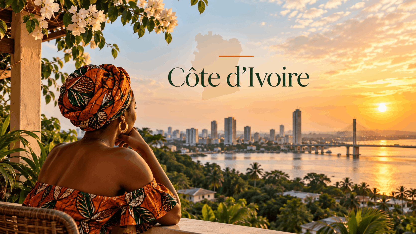 Woman in traditional Ivorian-inspired clothing overlooking Abidjan’s lagoon and skyline at sunset, with Côte d’Ivoire text above the city.