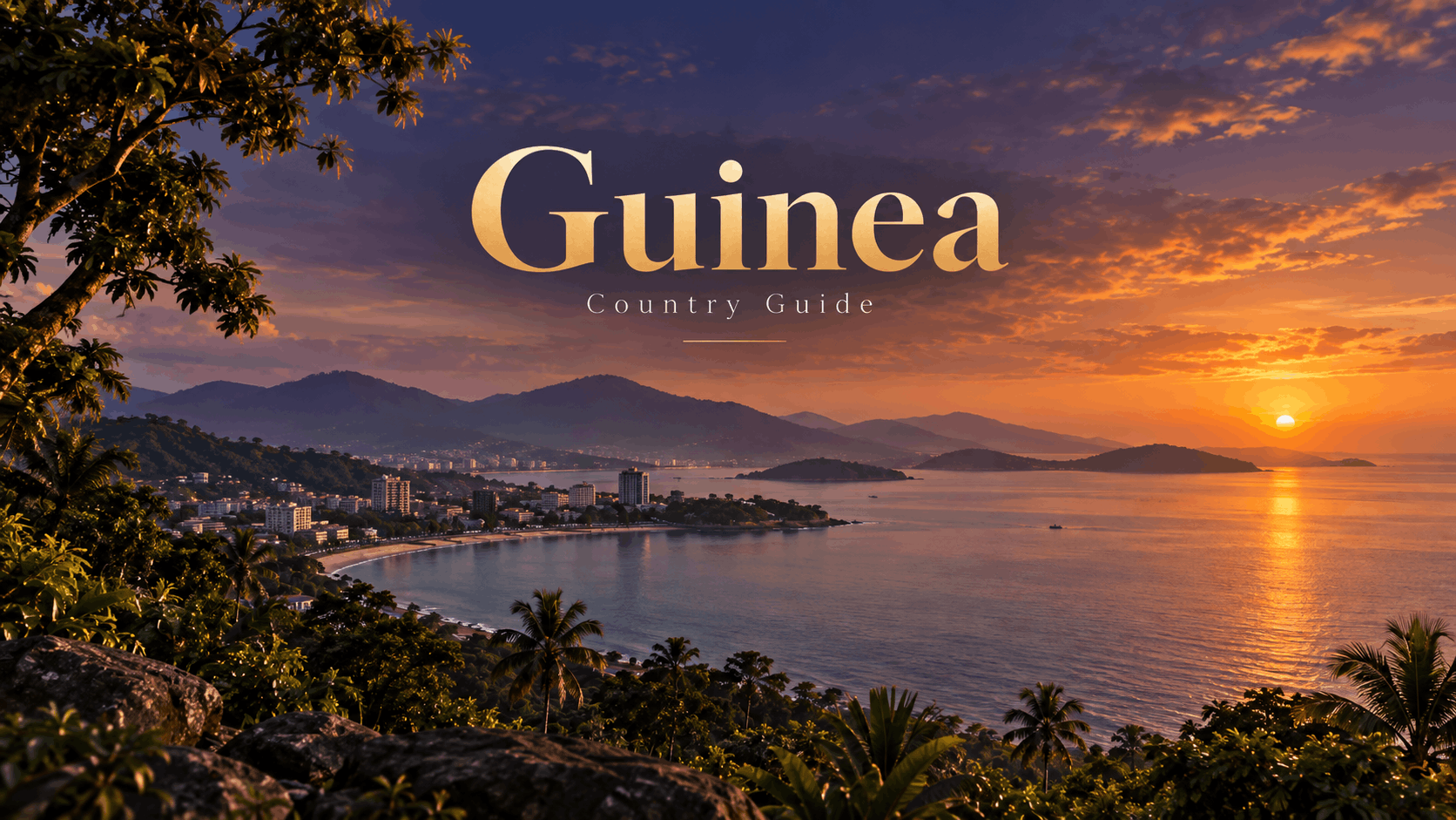 Sunset over Guinea’s coastline with tropical greenery, distant hills and the title “Guinea Country Guide