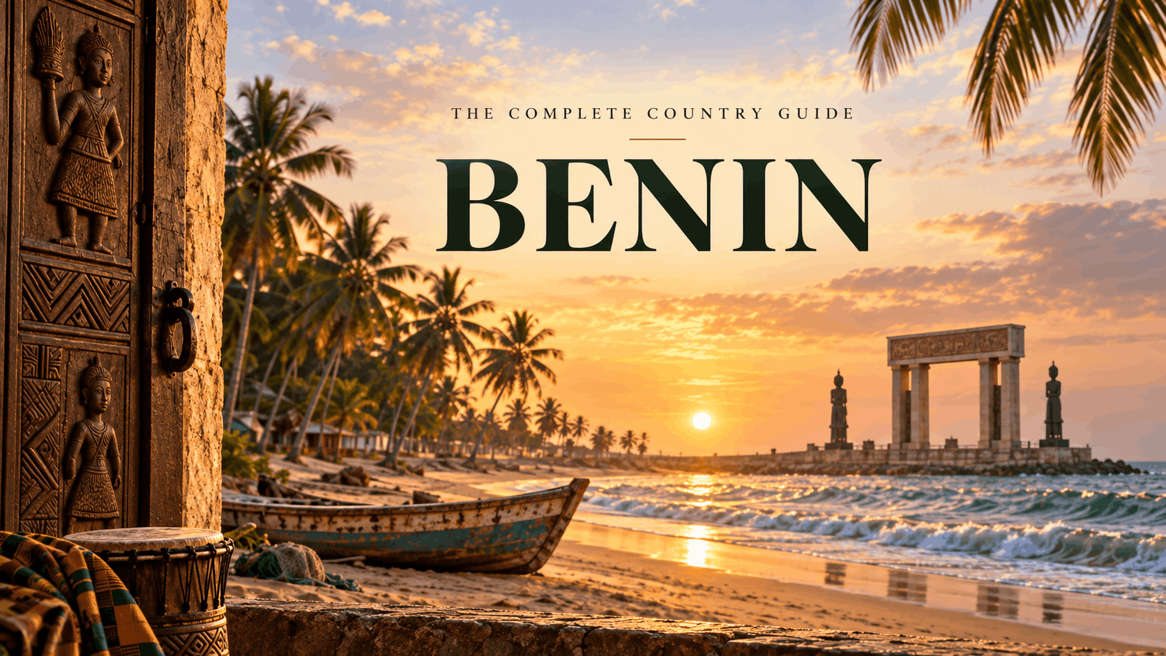 Benin travel guide featured image showing a carved heritage doorway, fishing boat, palm trees, Atlantic beach and coastal monument at golden hour.